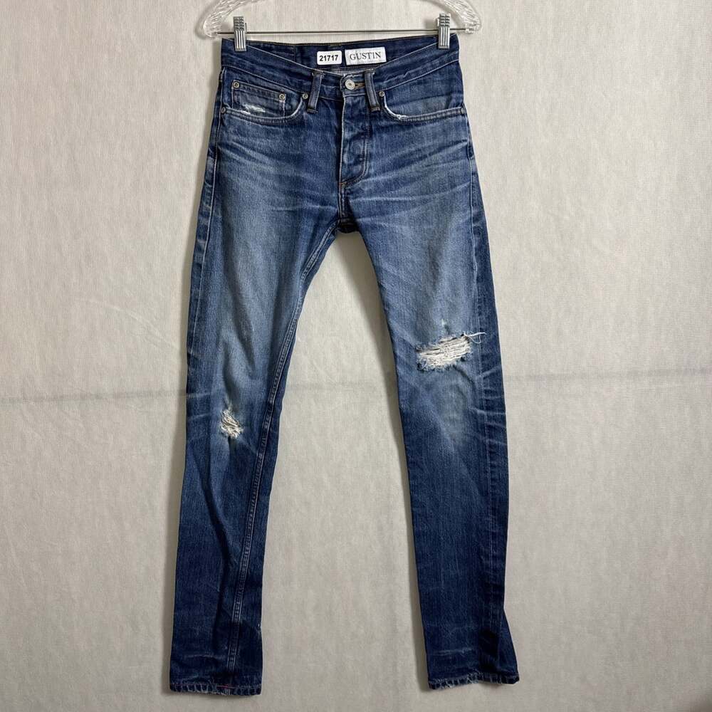 Gustin Men's Size 29 Blue Distressed Denim Skinny Fit Raw 100% Cotton Jeans